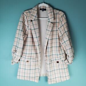 Aliceblue Womens Cream Green Plaid Open Front Blazer Jacket Workwear Size Large
